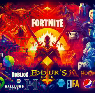 2023 Gaming Market Highlights: Colorful collage of Fortnite, Diablo IV, and top franchises defining the year's trends.
