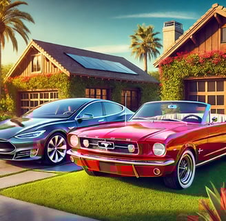 A classic red Ford Mustang and a sleek modern Tesla parked side by side- artificial intelligence, latest ai news, ai tools