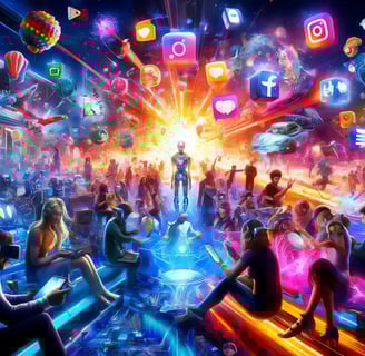 2024 media landscape with VR, gaming consoles, AI robots, and diverse users, symbolizing the future of digital entertainment.