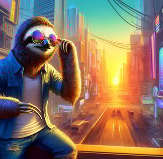 Anthropomorphic sloth in a vibrant, futuristic city adapting to new consumer trends.