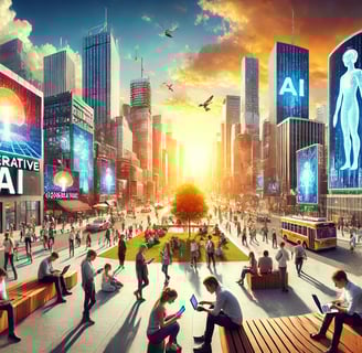 Panoramic summer scene showing Generative AI's impact in 2024. Features a vibrant cityscape with AI technology in daily life.