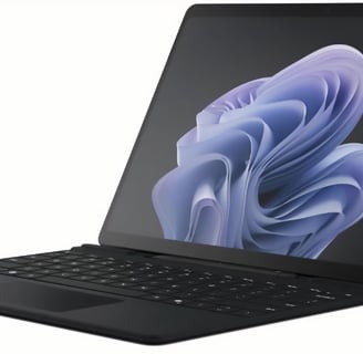 Microsoft Surface Pro 10 in a sleek black finish, shown in an angled view with a detachable keyboard, featuring Windows 11.