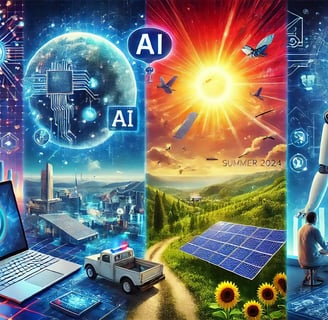 Panoramic collage divided into four images: Microsoft Copilot+ PCs, solar cells, AI-enhanced cybersecurity, AI diagnostics