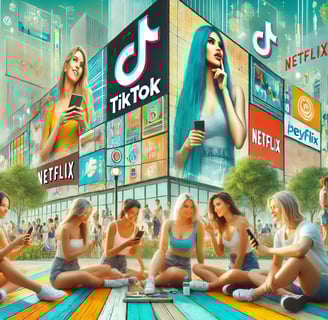 A vibrant, summer-themed panoramic image capturing beautiful adults aged 25 and above enjoying TikTok.