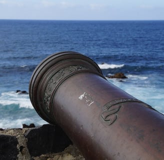 a cannon wheel cannon on a rocky beach