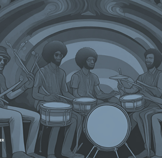 a group of people sitting around a drum set