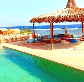 Budget friendly beach vacation pool in front of the sea in Egypt