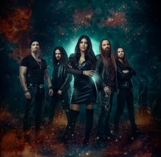 a group of people standing in front of a dark background