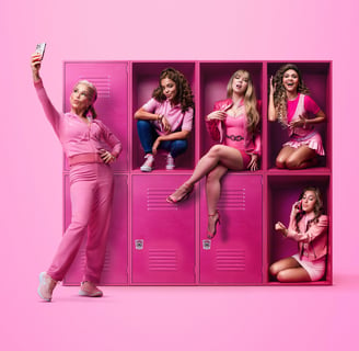 a woman in pink outfit standing in front of lockers with a cell phone