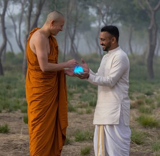 monk and blue stone in the field feeling happy