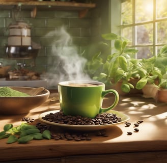 a cup of coffee with a green tea and beans