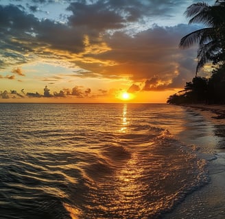 a sunset over a beach with a boat in the water