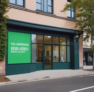 A red rectangular sign with the words 'we are social' is affixed to the exterior of a white building. The building features architectural elements such as window shutters and decorative molding, with visible piping attached to the wall.