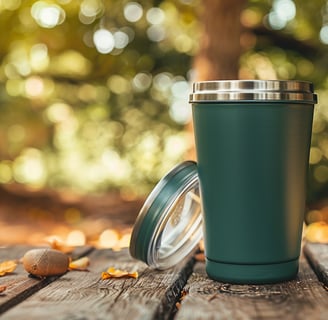 Dark green stainless steel tumbler on a wooden table in an outdoor setting.