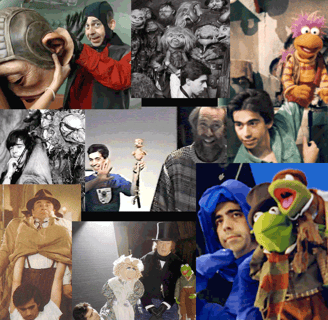 Collage of assorted images of Mike working puppets over the years.