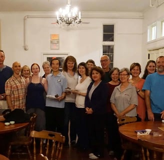 Global Tai Chi friends enjoying tea time with Dr Lam at the Eastover Retreat Center, Lennox MA.