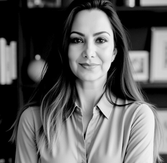 A black and white photo of author and shadow worker LVF in a button-down shirt; beautiful woman.