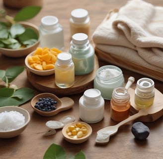 Various beauty and lifestyle items arranged aesthetically on a beige background. The items include a glass bottle with a dropper, an open jar of cream, a compact powder, a white candle, black sunglasses, a lip gloss, and large green leaves placed diagonally.