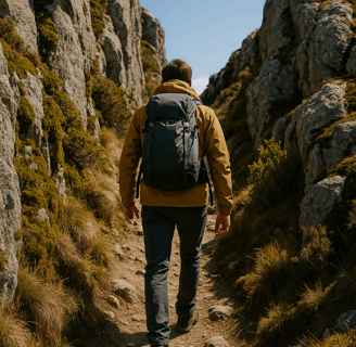 Homem realizando trekking em montanha