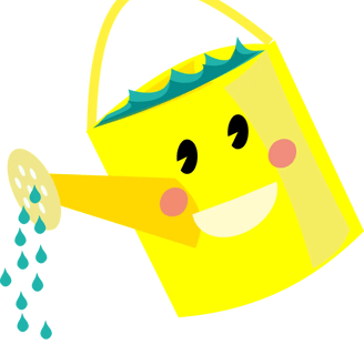 Illustration d’un arrosoir jaune souriant avec des joues roses, arrosant avec des gouttes d’eau bleu