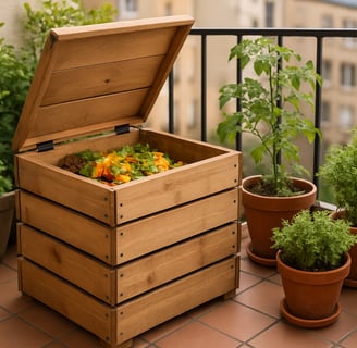 Composteur compact installé sur un balcon, entouré de plantes en pots.