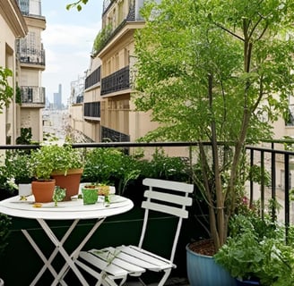 Balcon encombré avec plantes mal entretenues et pots cassés, illustrant les erreurs de jardinage.