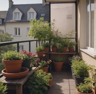 Balcon étroit rempli de plantes en pots, avec un banc en bois servant de support pour les jardinière