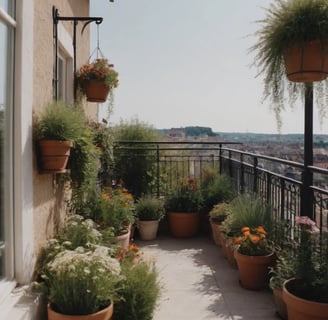 Balcon fleuri exposé au soleil avec de nombreux pots de plantes vertes et suspendues, vue dégagée