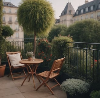 Coin détente sur balcon avec table et chaises en bois, entouré de plantes et d’un petit arbre taillé