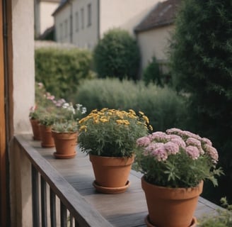 Pots de fleurs en terre cuite avec des plantes fleuries sur une rambarde de balcon