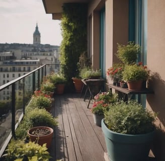 Balcon long et moderne rempli de plantes en pot avec vue panoramique sur les toits de la ville.