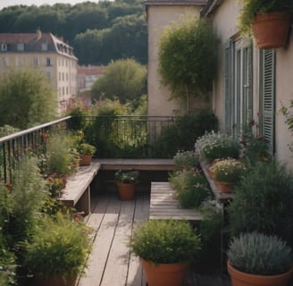 Balcon avec banc intégré, pots de plantes variées et vue sur des collines boisées et des toits.