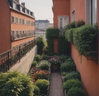 Balcon étroit fleuri entre deux immeubles aux murs orangés, bordé de plantes vertes et fleuries.