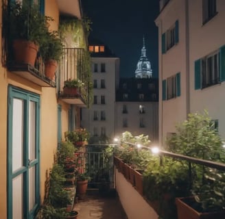 Balcon végétalisé de nuit, éclairé par des guirlandes lumineuses, avec vue sur un clocher éclairé