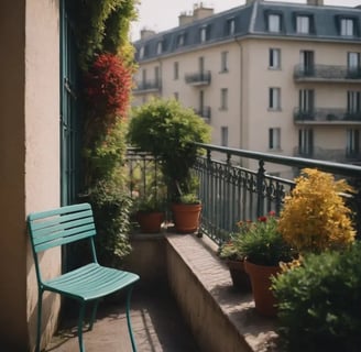 Balcon étroit avec chaise turquoise et plusieurs plantes en pot, vue sur des immeubles parisiens.