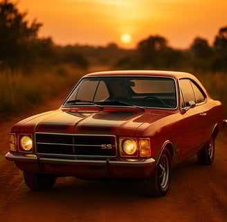 Chevrolet Opala SS vermelho em estrada de terra ao pôr do sol, com faróis acesos