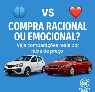 Ilustração comparando dois carros: um modelo popular e um de luxo, representando a escolha entre com