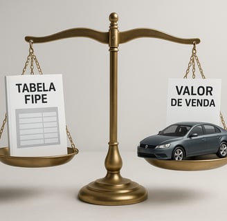 Balança comparando a Tabela FIPE com o Valor de Venda real de um carro usado
