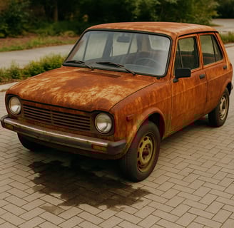 Rusty vehicle on pavers with oil stains, ready for eco-friendly removal in PoCo.