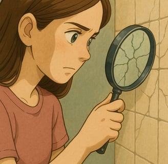 a woman using a magnifier to reveal tiny cracks on a tiled wall.