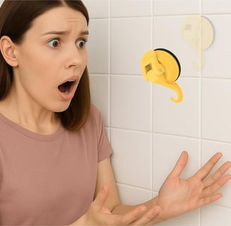 Woman shocked as a yellow suction hook falls off a tiled wall.
