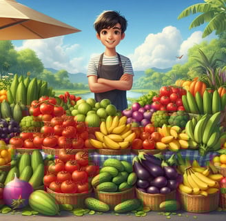 a boy standing in front of a table with a bunch of fruits and vegetables