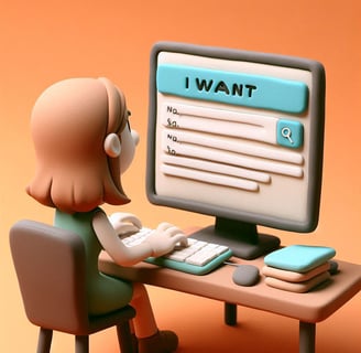 a cartoonish character sitting at a computer desk