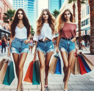 three women walking down a street with shopping bags
