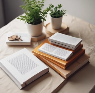 A collection of various books spread out on a wooden surface. The books have diverse cover designs, including illustrations and text in different languages. Prominent titles include 'Vincent,' '1984,' and 'Ioanna.' The covers feature a mix of artistic styles ranging from graphic and comic styles to classical depictions.