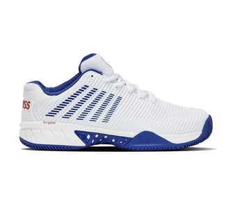 K-Swiss Hypercourt Express 2 HB padel shoe in white and blue with herringbone sole