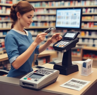 A person wearing a cap, face mask, and dark clothes interacts with a point-of-sale system at a counter. The image includes reflections, giving a sense of separation by glass. Sticky notes and written messages are visible near the screen and on the counter. The background seems to show a somewhat cluttered interior with chairs and tables.