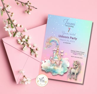 Rainbow unicorn birthday party invitation and envelope