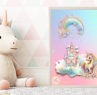 wall art print for nursery of a unicorn and rainbow