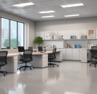 a modern office with a large window and a desk